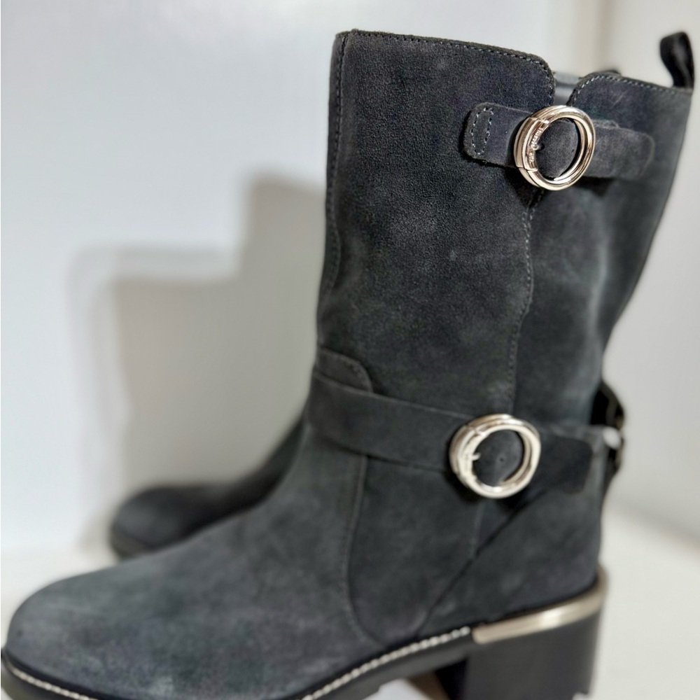 Vince Camuto Black and Silver Heeled Biker Style Boots/ Suede